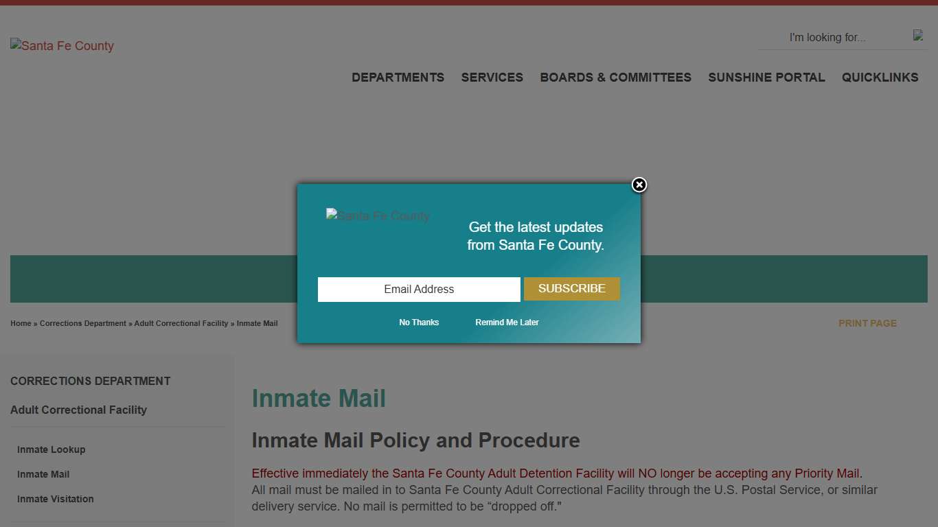 Santa Fe County : Corrections : Adult Correctional Facility : Inmate Mail