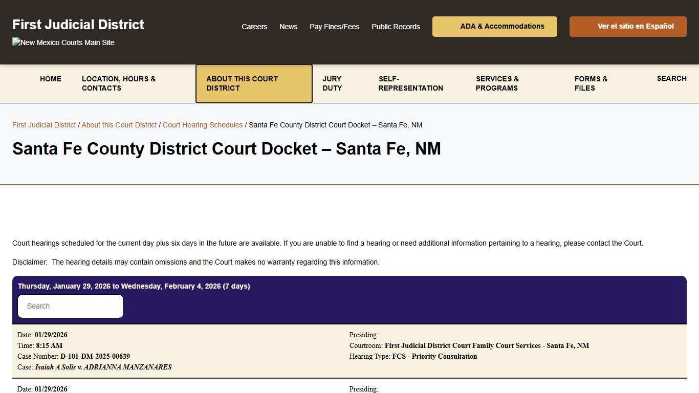 Santa Fe County District Court Docket - Santa Fe, NM - First Judicial District